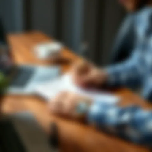 A person sitting at a desk, writing a to-do list on a notepad with a pen, surrounded by a laptop and a coffee cup