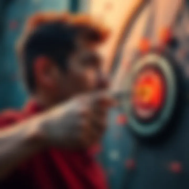 A person throwing darts at a target, symbolizing setting and achieving goals, with a determined expression.