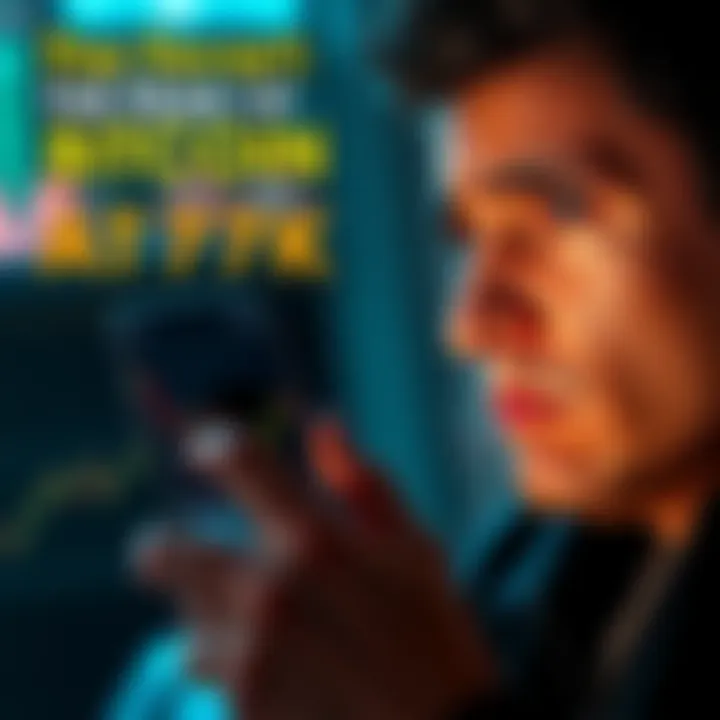 A person with a worried expression looking at a Bitcoin chart on a smartphone, representing investment anxiety. They appear to be contemplating buying more Bitcoin.