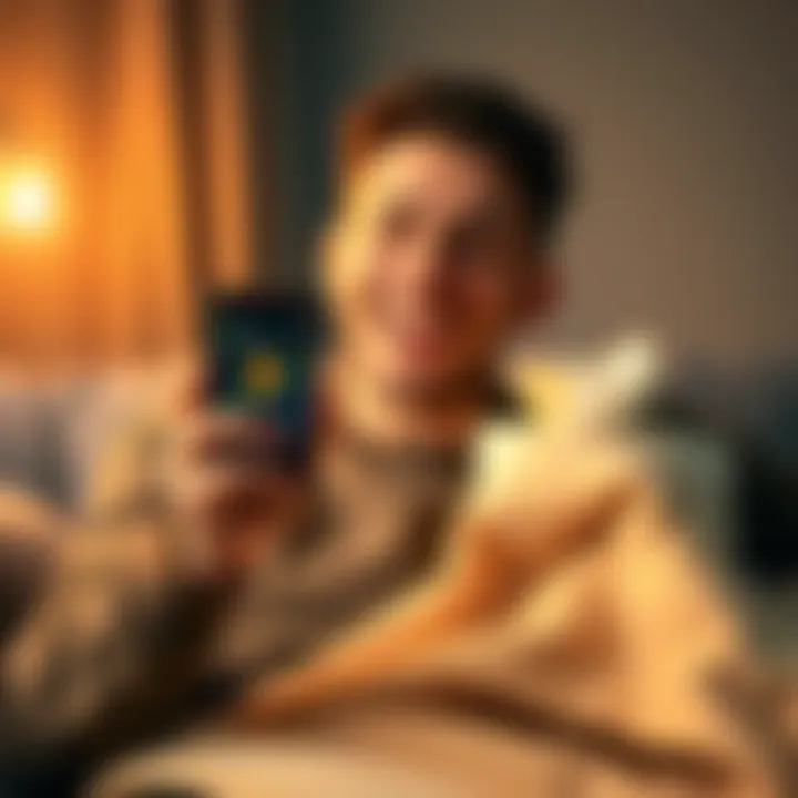 A person smiles while holding a phone displaying Bitcoin trading profits, with a cozy blanket and tissues nearby, showing relief after feeling sick.