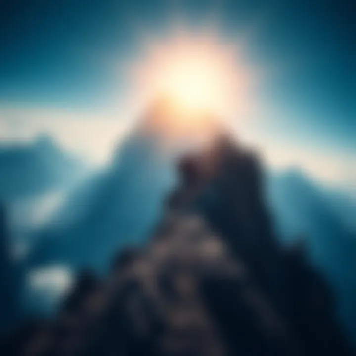 A person struggles to climb a steep mountain, symbolizing resilience and strength in the face of challenges.