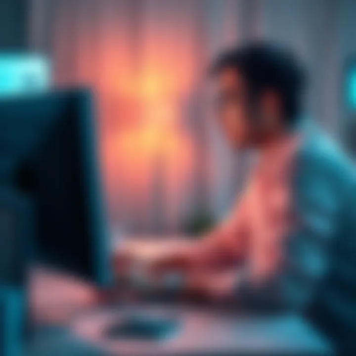 A person sitting at a desk, worried while looking at their computer screen, indicating possible scam concerns