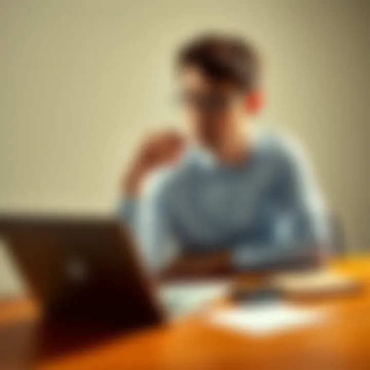 Person Considering Investment A person sits at a table looking at a laptop with a thoughtful expression, contemplating whether to invest money, surrounded by notes and a calculator.