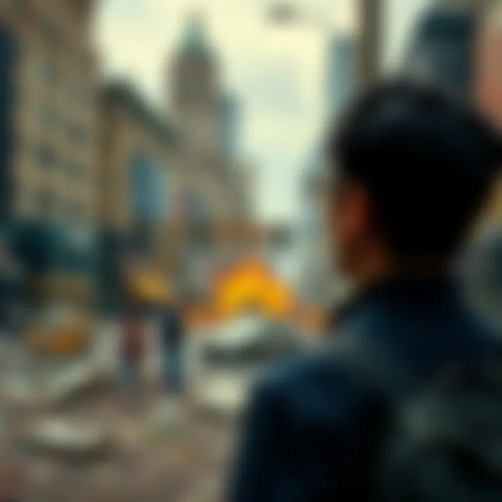 A person looking worried while observing a chaotic scene in a city, with debris and people in disarray