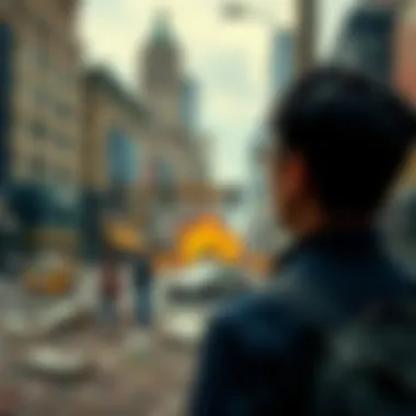 Person contemplating chaos A person looking worried while observing a chaotic scene in a city, with debris and people in disarray
