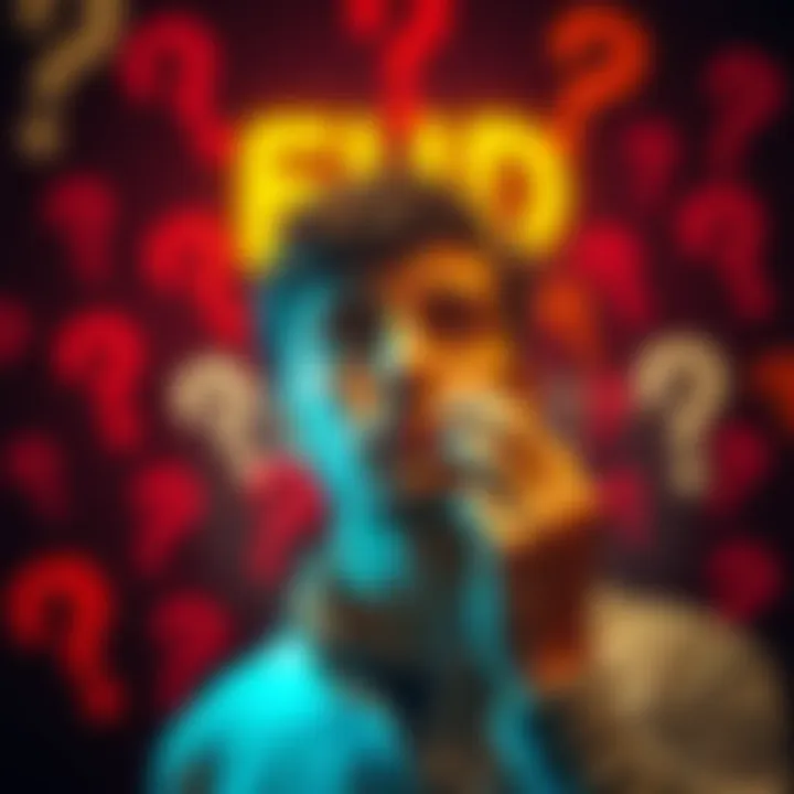 Individual looking thoughtful while surrounded by question marks representing fear, uncertainty, and doubt