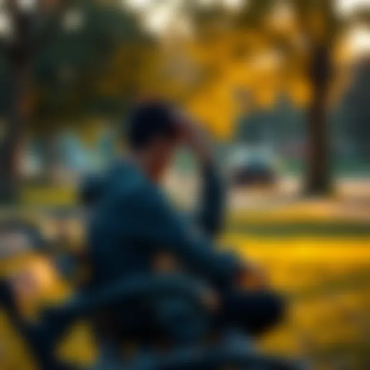 A person sitting on a park bench looking thoughtful while holding their head, surrounded by nature.