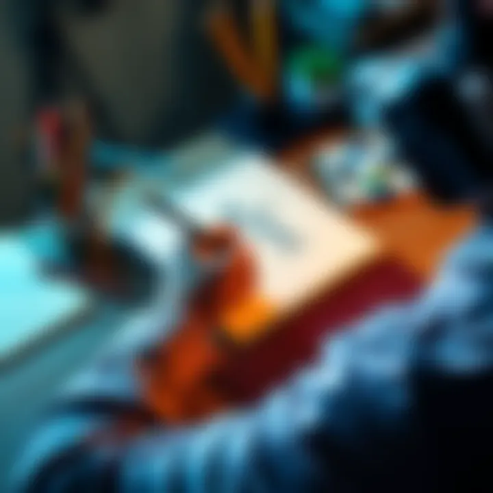 A person sits at a table, sketching with pencils on a blank sketchpad, surrounded by art supplies