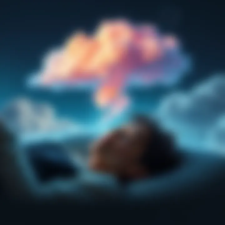 A person sleeping peacefully with colorful dream clouds above their head, symbolizing thoughts and emotions in dreams.