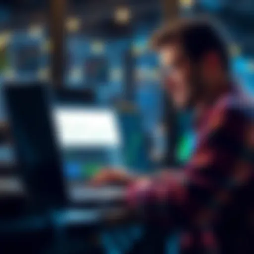 A friendly person looking at a laptop screen with cryptocurrency charts and information, interested in learning about investments.