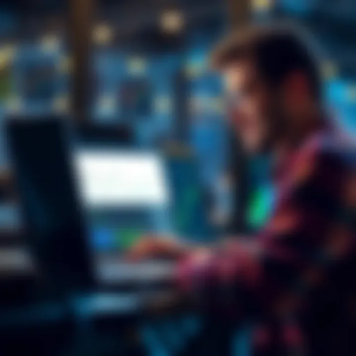 A friendly person looking at a laptop screen with cryptocurrency charts and information, interested in learning about investments.