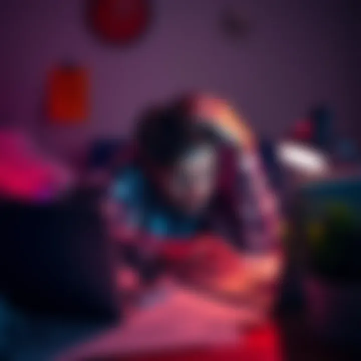 A tired person resting their head on a desk surrounded by paperwork and a laptop, showing signs of burnout.