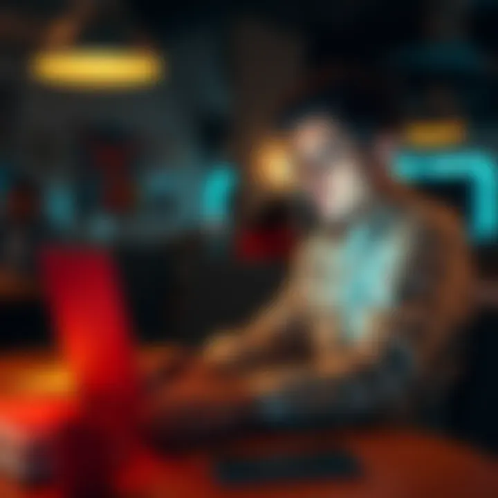 A person sitting at a desk, engaging with an online survey on a laptop, looking thoughtful about the process