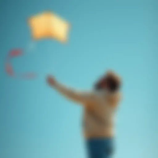 A person enjoying kite flying in a clear blue sky, demonstrating relaxation and happiness.