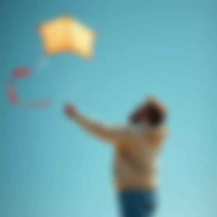 A person enjoying kite flying in a clear blue sky, demonstrating relaxation and happiness.