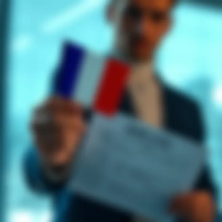 A person preparing to open a French bank account with a bank form and a French flag in the background