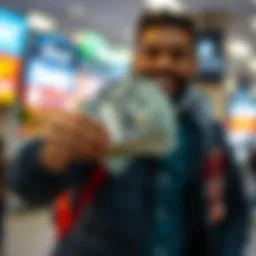 Individual showing cash in hand with a smile, representing success in a rewards program test
