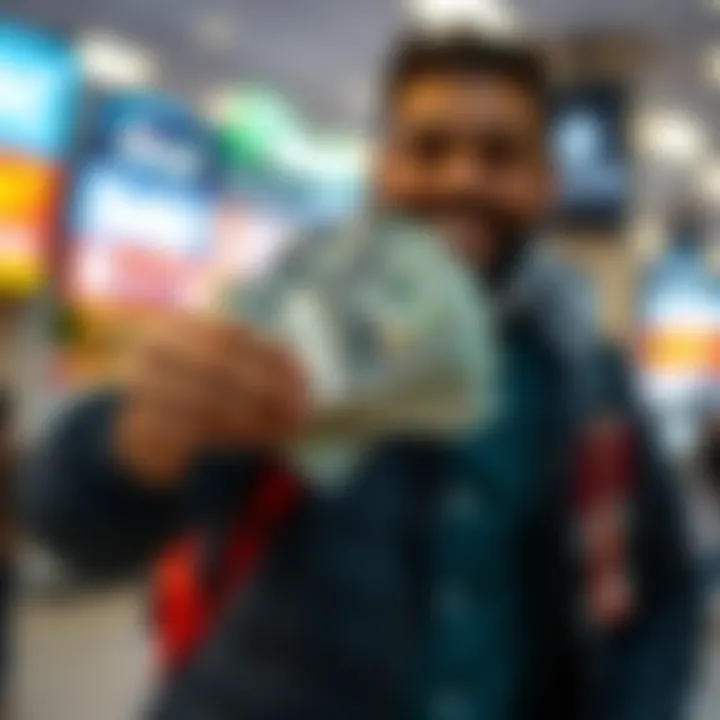 Individual showing cash in hand with a smile, representing success in a rewards program test