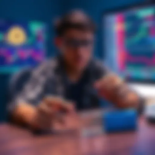 A person sitting at a table, looking worried while holding a flash drive and a combination lock box, with a computer displaying Bitcoin charts in the background.