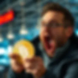 Person investing in Bitcoin Individual looks excited while holding a Bitcoin symbol, showing a bold investment choice after selling stocks