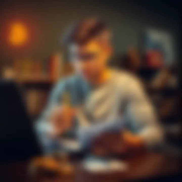 A young man studying Bitcoin on a laptop, taking notes with a pen and notepad, looking focused and curious.