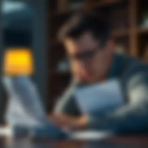 A person sitting at a table, staring at bills with a worried expression, symbolizing financial struggles and stress.