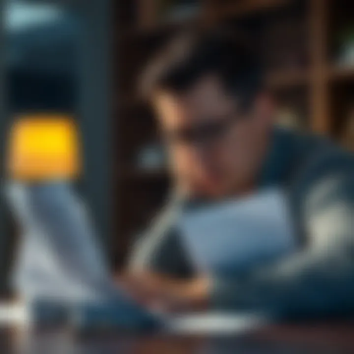 A person sitting at a table, staring at bills with a worried expression, symbolizing financial struggles and stress.