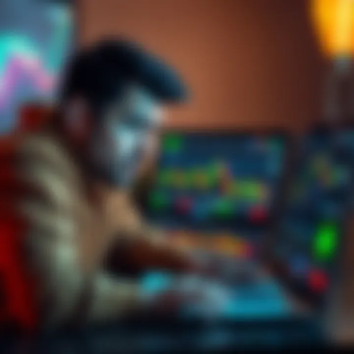 A frustrated person examining cryptocurrency charts on a laptop, showing signs of confusion and disappointment.