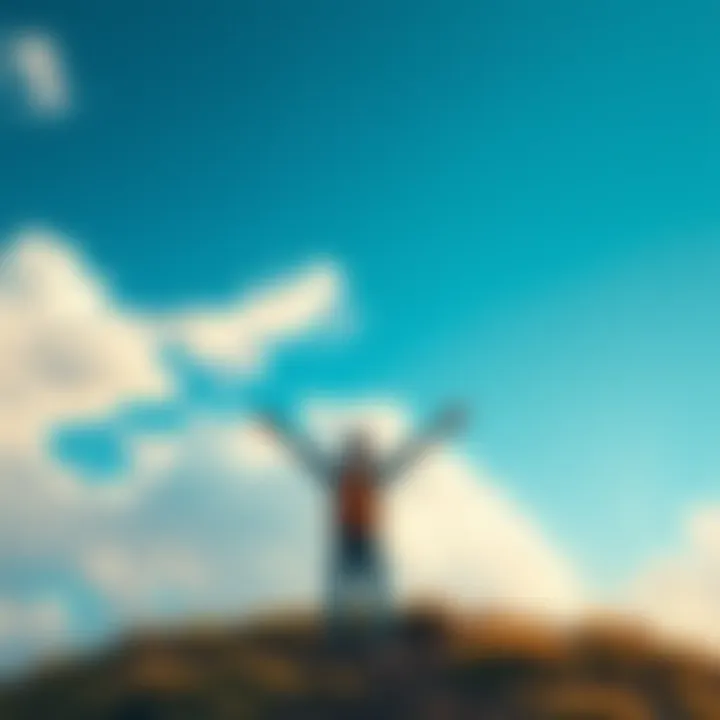 A person standing on a hill, arms raised in excitement, looking up at a clear blue sky with clouds. A sense of adventure is in the air.