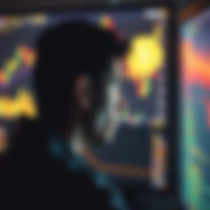 Person looking at a cryptocurrency chart Individual gazing at a computer screen showing a declining cryptocurrency chart, reflecting concern after losing Bitcoin savings.