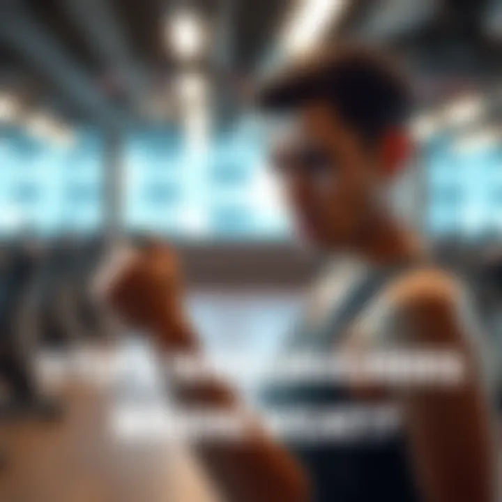 A person wearing workout clothes looks confused while checking their fitness tracker, which shows steps but no sweat. Bright gym background.