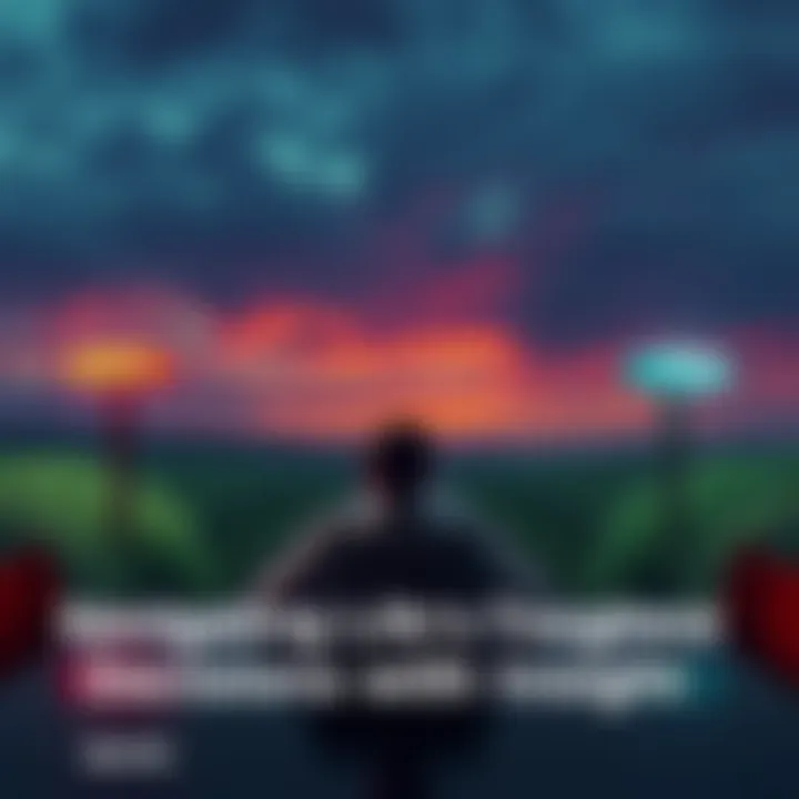 A person sitting at a table, looking thoughtfully at two paths marked with signs, symbolizing difficult choices in life.