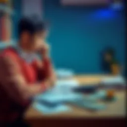 Person Managing Debt A person sitting at a table with bills and a calculator, looking worried but focused on a financial plan.