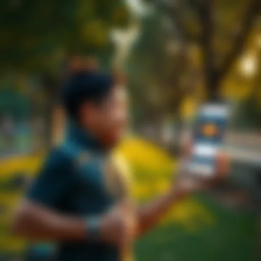 Individual jogging in a park, looking relaxed and focused while ignoring a smartphone displaying fluctuating Bitcoin prices