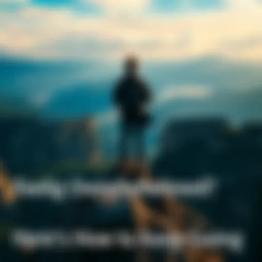 A person standing on a mountain peak, looking determined while overlooking a beautiful landscape, symbolizing perseverance.