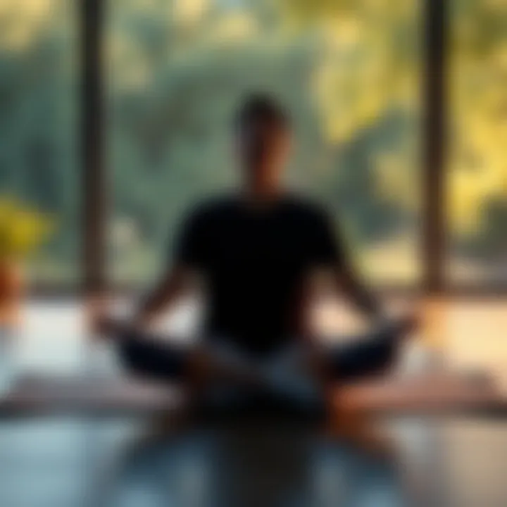 A person sitting cross-legged on a mat, eyes closed, practicing mindfulness in a peaceful setting