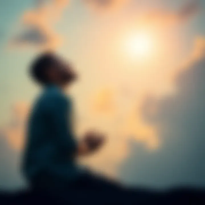 A person kneeling with hands clasped in prayer, looking towards the sky, expressing hope and seeking divine intervention