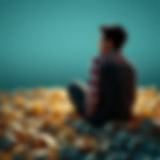 A person sitting alone with a pensive expression, surrounded by crumpled notes symbolizing financial stress and doubt about their beliefs.