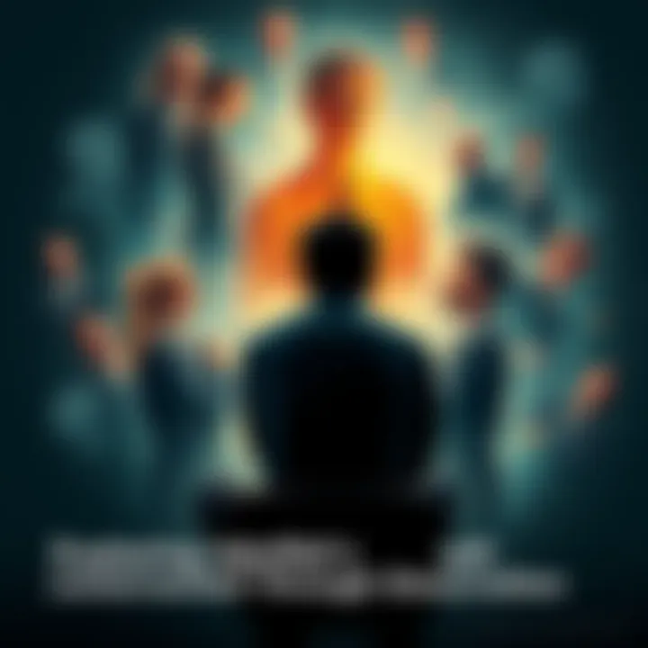 Person Reflecting on Identity A person sits contemplatively, surrounded by abstract representations of different identities, symbolizing dissociation and self-consciousness.