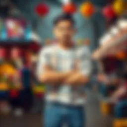 Individual standing confidently with arms crossed, showing a strong stance against selling, set against a backdrop of a local market scene.
