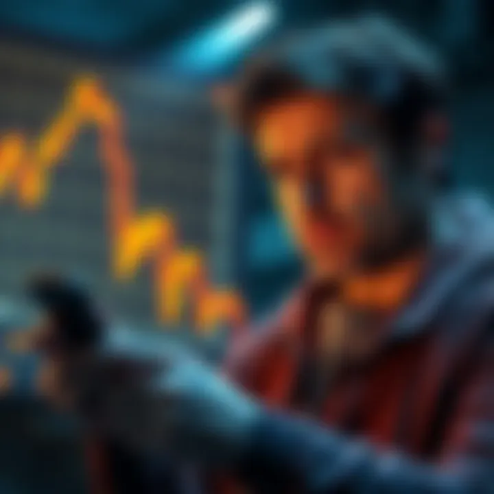 Person regretting Bitcoin sale A person looking sad while checking their Bitcoin account on a smartphone, with a chart showing a downward trend in the background.
