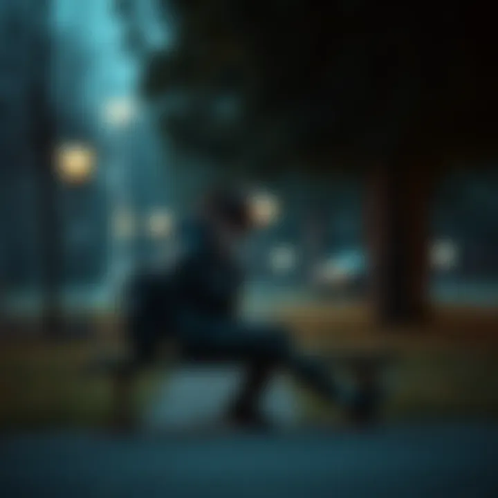 A person sitting on a bench with their head down, showing signs of emotional struggle and sadness in a park setting.