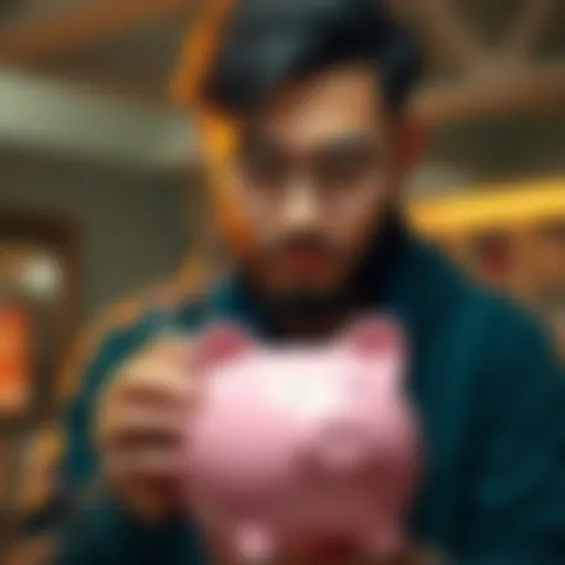 Individual with a piggy bank counting savings while looking pensive