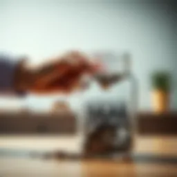 A person putting coins into a clear jar labeled 'Savings' showing a financial goal