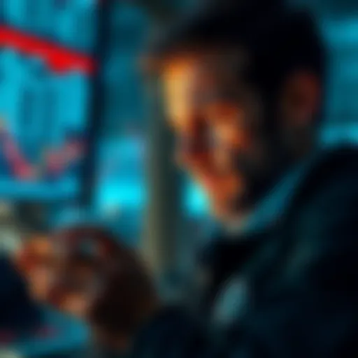 Person selling Bitcoin A person looks at a smartphone showing Bitcoin prices with a concerned expression.