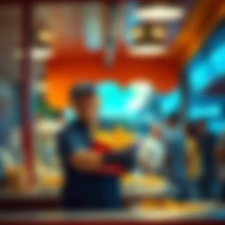 A person in a uniform happily serving fries to customers at a food stand.