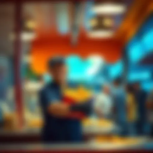 Person Serving Fries A person in a uniform happily serving fries to customers at a food stand.