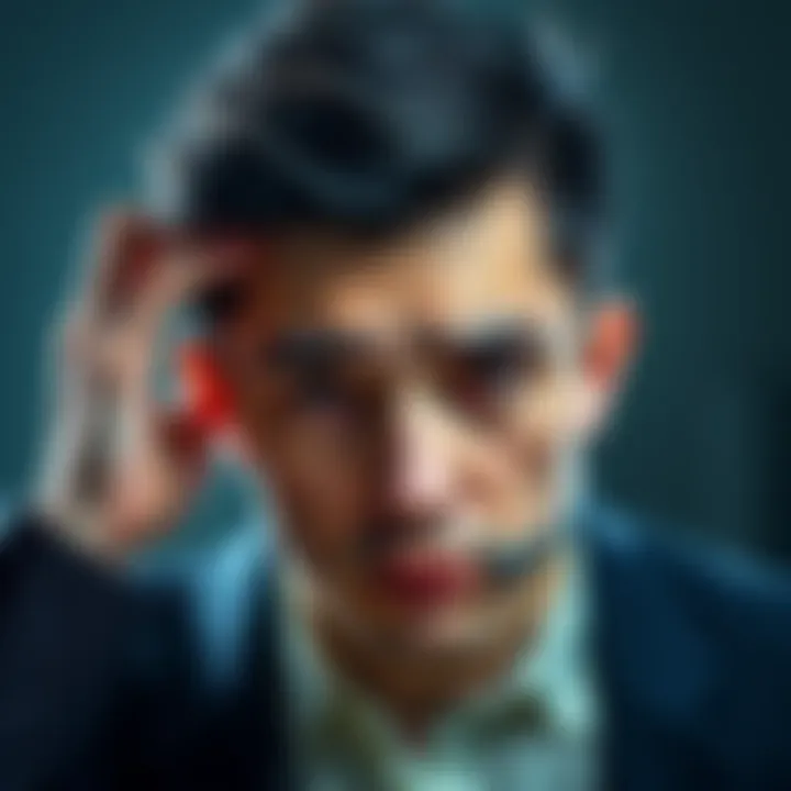 Individual holding their head in discomfort, showing signs of fatigue and concern about eyesight.