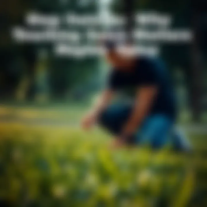 A person kneeling on the grass in a green park, enjoying nature