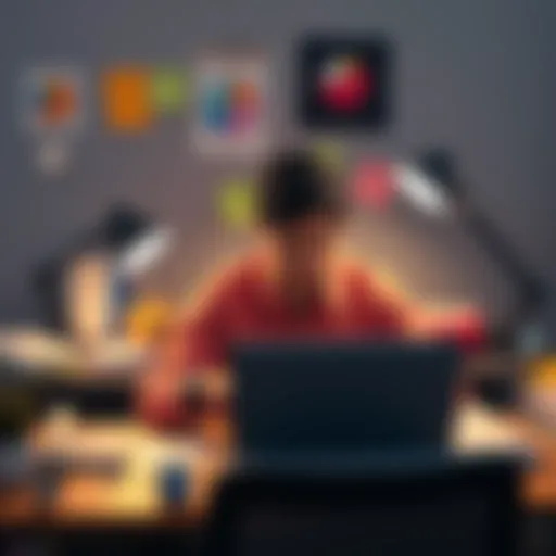 A person sitting at a desk, focused on a laptop screen, surrounded by distractions like notes and a phone, illustrating the experience of managing ADHD while using Claude for various tasks.